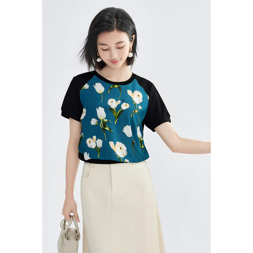剩S/M/L/XL 米思阳2025夏新品百搭休闲风印花真丝T恤宽松舒适上衣女3838 商品图1