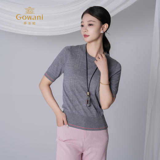 乔万尼新品简约老钱风烟灰色羊毛薄款柔软短袖针织衫ED2M460 商品图2