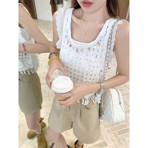 【129元任选2件】现货！波西亚风钩花流苏镂空针织背心/白色背心 商品图2