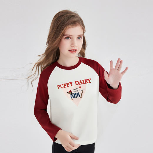 笛莎Deesha 童装女童T恤2025秋新款女童爱心字母小狗插肩袖T恤 商品图0