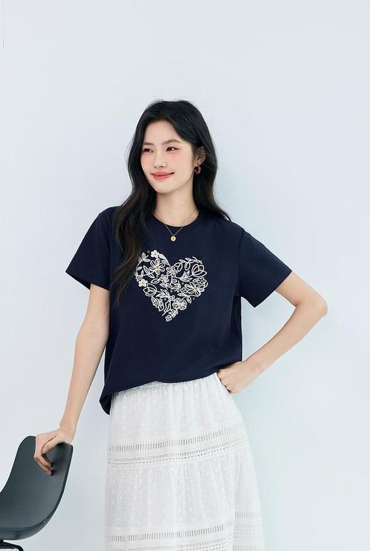 品牌订单凉感重工爱心花朵钉珠绣花短袖T恤 商品图1