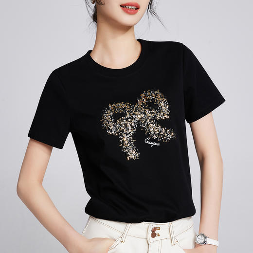 「自」全新升级【铂金会员119/天猫159/差价40】(14004)洛诗琳新款时尚刺绣T恤2025夏季蝴蝶结圆领袖丝光棉短袖上衣 商品图2