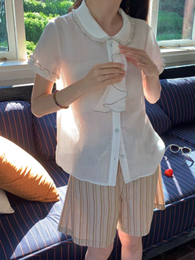 浮生八记/25A040/法式复古设计感撞色木耳边飘带衬衫