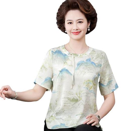 W592-5807-72-88夏装中式短袖T恤中老年小个子奶奶桑蚕丝上衣小衫女 商品图4