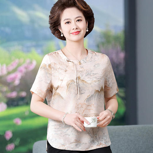 W592-5807-72-88夏装中式短袖T恤中老年小个子奶奶桑蚕丝上衣小衫女 商品图3