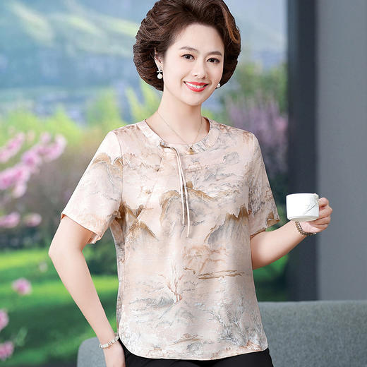 W592-5807-72-88夏装中式短袖T恤中老年小个子奶奶桑蚕丝上衣小衫女 商品图1