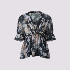 MAXRIENY25年夏季新款压褶复古宫廷印花蕾丝雪纺衫上衣女波嬉风(货号:MF86TP266)