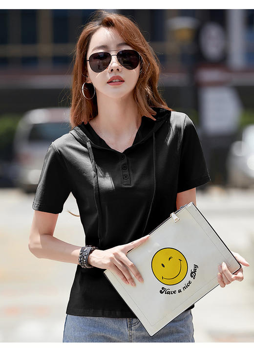 雀说棉连帽t恤女短袖新款宽松休闲修身纯色百搭上衣AL6699 商品图5