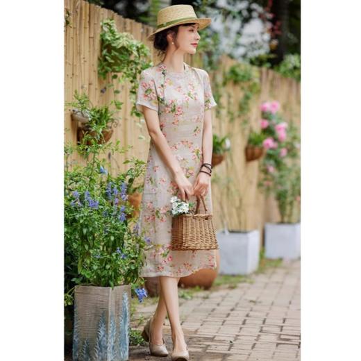 雀说新中式文艺国风宽松大码女装印花斜襟立领改良旗袍连衣裙AL1666 商品图3