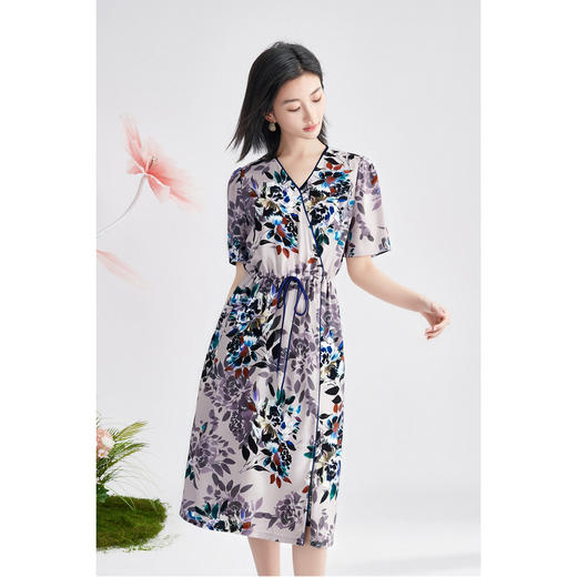 米思阳2025夏新品知性优雅花卉印花连衣裙系带收腰显瘦裙子女3686 商品图3