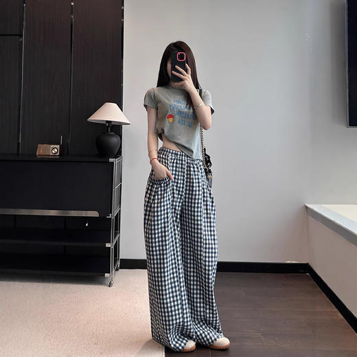 棉感蓝格纹面料！清新ins感分分钟拿捏!宽松显瘦阔腿休闲裤子夏25年新款！ 商品图4