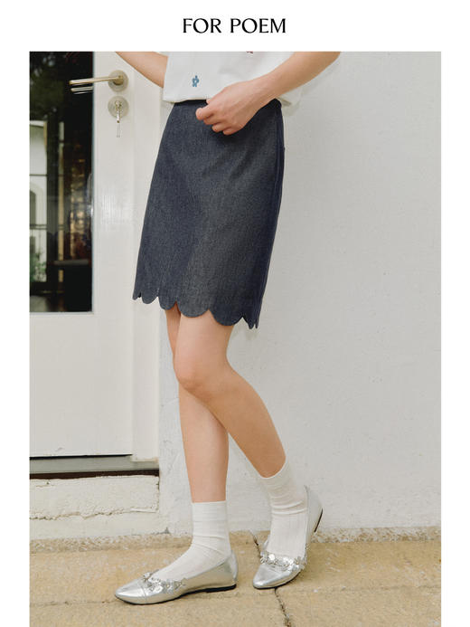 ForPoem 现货 25/SS原创设计100棉牛仔花瓣边半身裙 商品图4