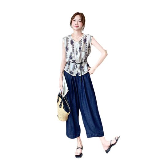 ZZB199 26291盐甜系穿搭复古无袖印花上衣套装女夏季新款轻薄显瘦阔腿裤两件套 商品图4