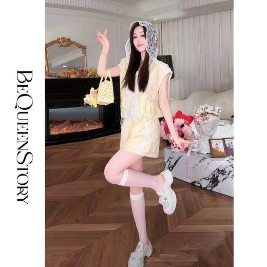 BeQueenStory【都市图鉴】透视感暗花纹蕾丝连帽外套&抽绳松紧短裤 商品图2