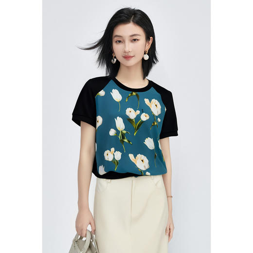 剩S/M/L/XL 米思阳2025夏新品百搭休闲风印花真丝T恤宽松舒适上衣女3838 商品图2