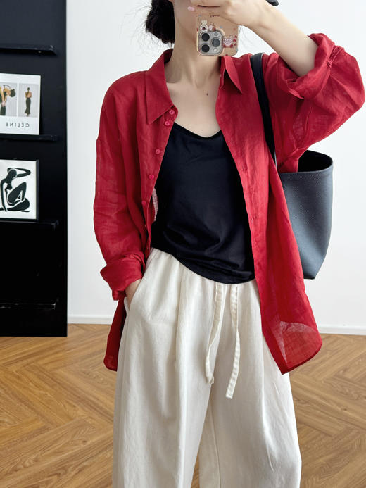 “红”⁥运穿搭番茄红复古棉麻超透气薄衬衫防晒罩衫 商品图13