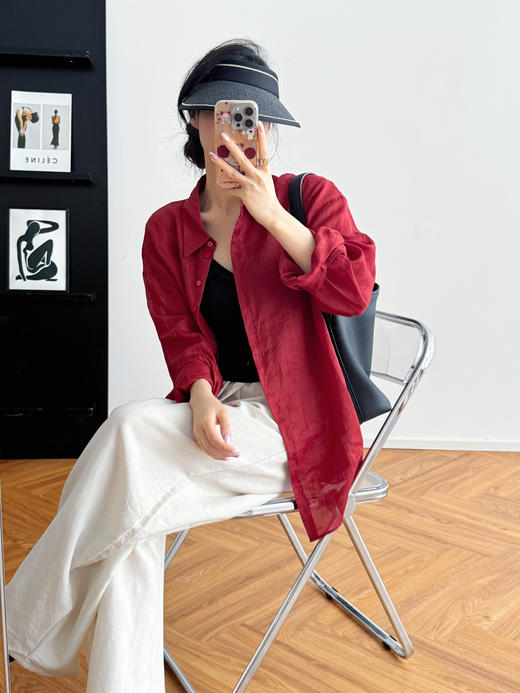 “红”⁥运穿搭番茄红复古棉麻超透气薄衬衫防晒罩衫 商品图12