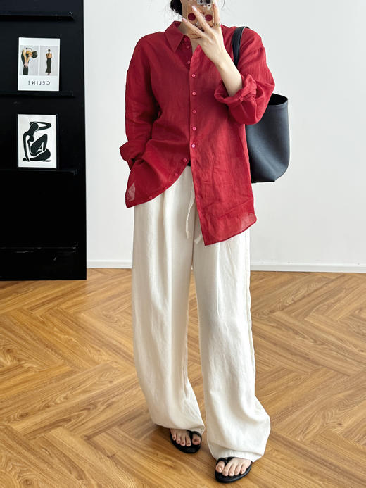 “红”⁥运穿搭番茄红复古棉麻超透气薄衬衫防晒罩衫 商品图14