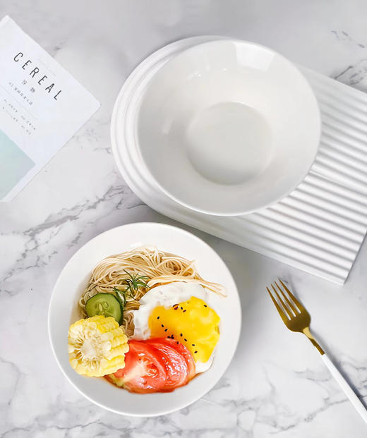 捡漏29.9💰️5个❗️只有1000组❗️英国百货订单出口→内销❗️白色餐具永远的神❗️ 🔴装什么都显贵❗️釉面温润，灼瓷【8英寸浮雕高脚水晶白瓷碗】 🔴沙拉、嗦粉、面条、小炒，家里使用率第一 商品图4