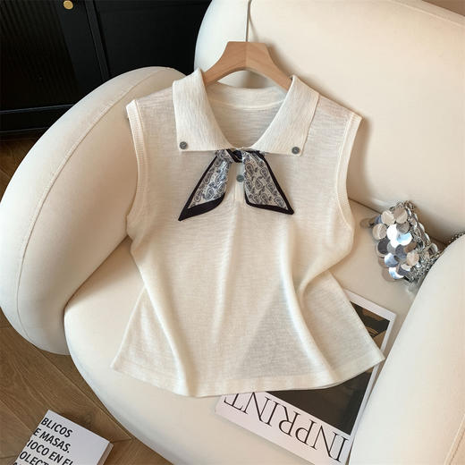 韩系POLO翻领针织衫女送丝巾冰丝2025夏季新款纽扣高级感宽松无袖上衣女 商品图5