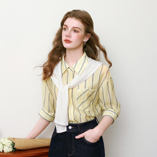 【商场同款】诗凡黎撞色条纹翻领衬衫2025夏新款衬衣女3G4120201 商品图0