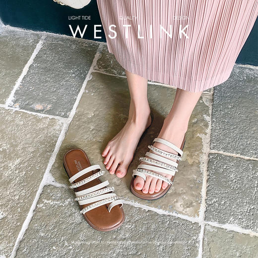 西遇平底凉拖鞋女夏季外穿新款仙女风水钻罗马鞋配裙套趾凉鞋D0956695 商品图2