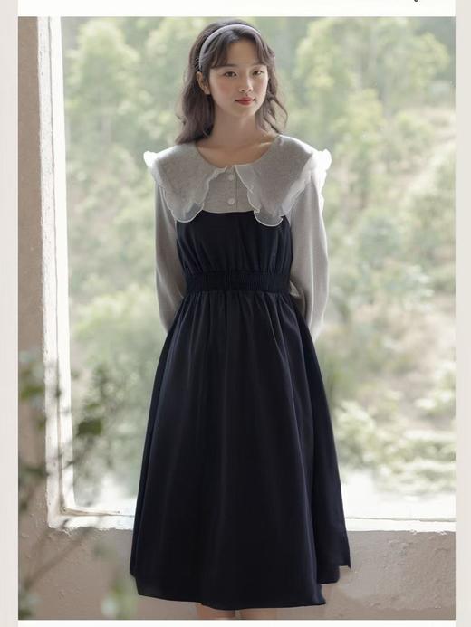 【诗铭洛可】XC2253连衣裙网纱拼色花边翻领长袖裙A17-1 商品图2