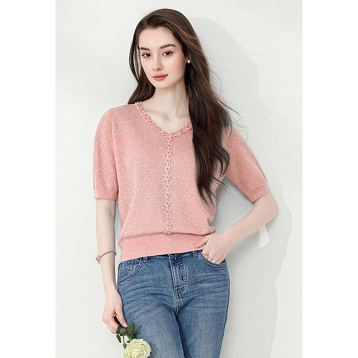 【铂金会员146/天猫199/差价53】(01543)洛诗琳时尚V领短袖针织衫女薄款夏季2025新款肌理感上衣 商品图5