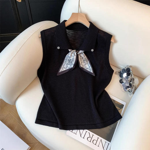 韩系POLO翻领针织衫女送丝巾冰丝2025夏季新款纽扣高级感宽松无袖上衣女 商品图7