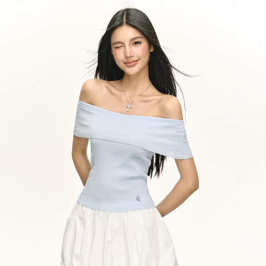 Ariseism 美式复古设计感一字肩短袖t恤女夏季新款修身上衣 商品图3