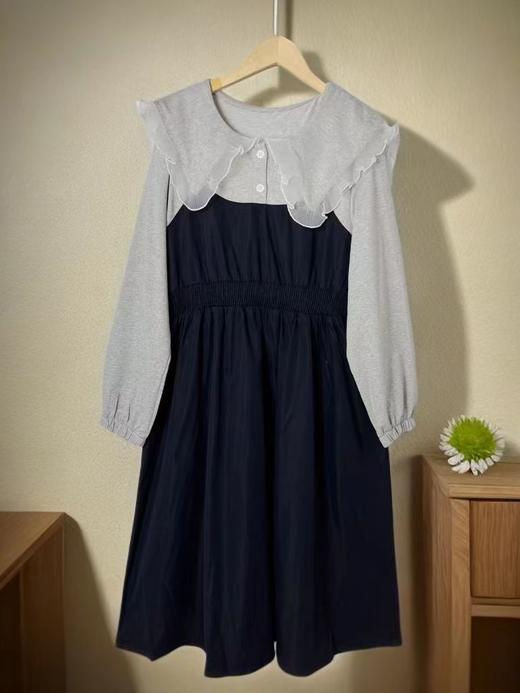 【诗铭洛可】XC2253连衣裙网纱拼色花边翻领长袖裙A17-1 商品图0