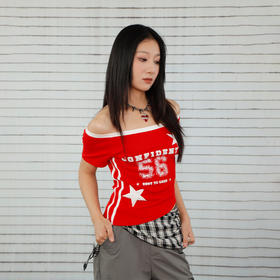 【商场同款】女款时尚泽西风字母斜肩T恤纪念日百货163302409