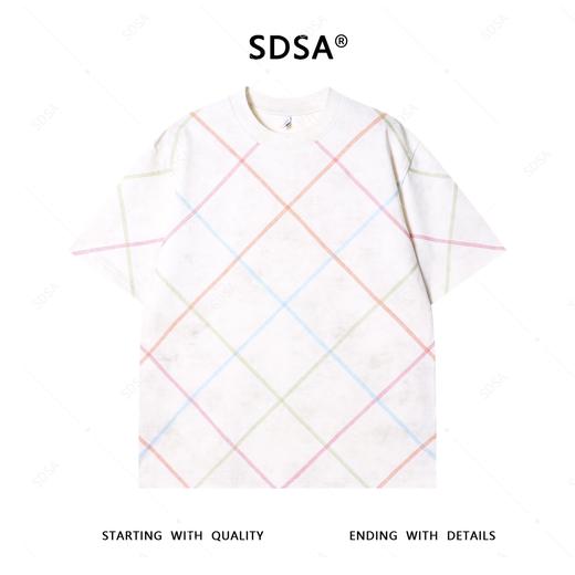 T4059夏季高级感新款男士潮牌彩色缝线格子设计短袖T恤时尚圆领上衣潮 商品图1