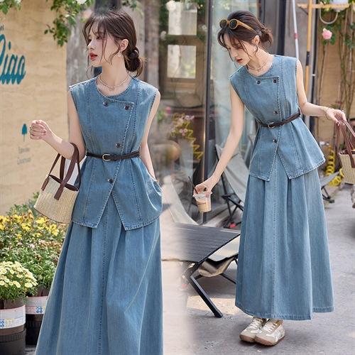 牛仔无袖上衣半身裙两件套，气质修身牛仔套装HR-YLFS9003 商品图0