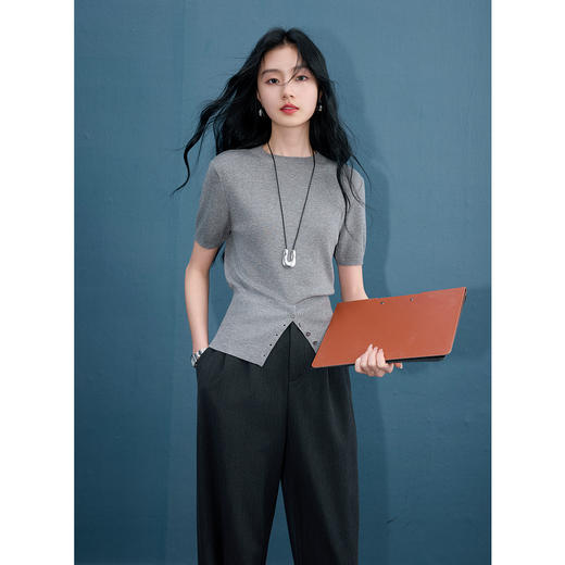 三彩2025秋季新款简约针织衫修身圆领正肩短袖上衣套头毛衫S 商品图1