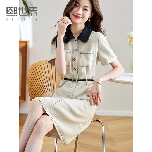 【专属特价】熙世界2025夏新款复古休闲工装小香风撞色花边衬衫领连衣裙子女 商品图0