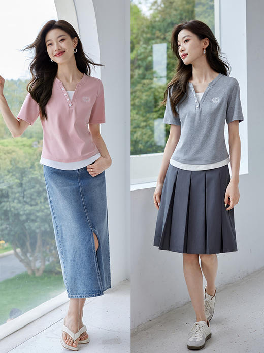 【专属特价】熙世界2025夏季新款撞色V领假两件T恤女短袖独特显瘦修身短款上衣 商品图5