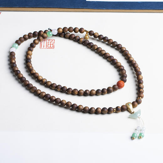 xy0402沉香+翡翠元宝双圈手链108佛珠项链 商品图5