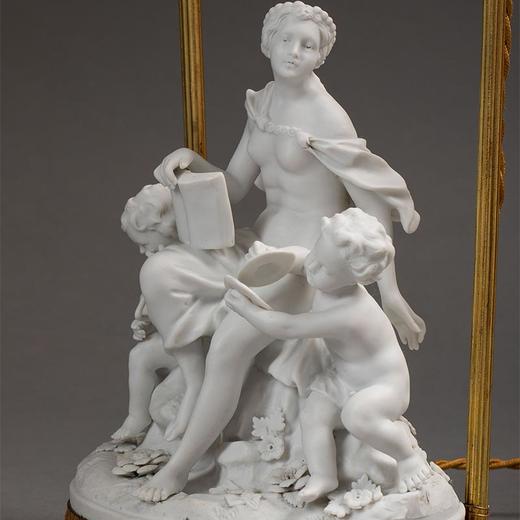 【已售】独角鹿西洋古董法国出品铜鎏金精雕装饰水晶灯罩天使阅读主题素胎瓷人物雕塑底座古董台灯艺术摆件 商品图4