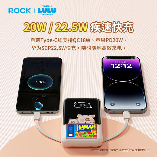 ROCK 罐头猪LULU P95自带双线PD 22.5W快充移动电源10000mah 商品图1