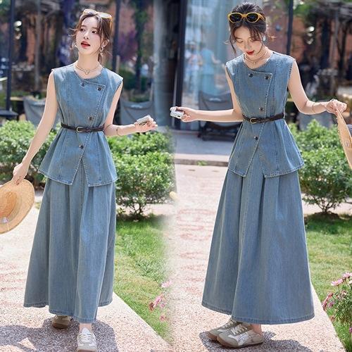 牛仔无袖上衣半身裙两件套，气质修身牛仔套装HR-YLFS9003 商品图1