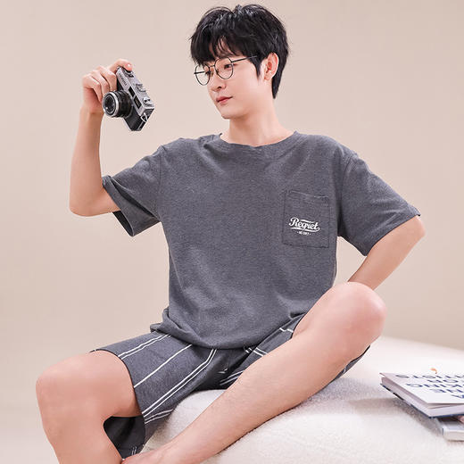 男士纯棉短袖睡衣 纯棉薄款可外穿休闲家居服套装 商品图1
