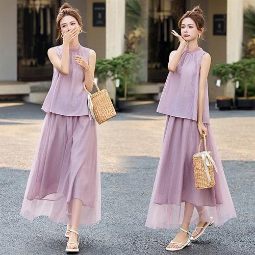 蝴蝶结无袖上衣两件套网纱半身裙2025夏季新款女装优雅紫色多巴胺 DMGYA023 商品图3