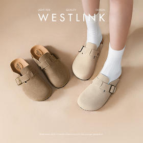 【限时秒杀】西遇复古勃肯鞋半拖女新款早春包头休闲一脚蹬白色软木勃肯鞋D0047446