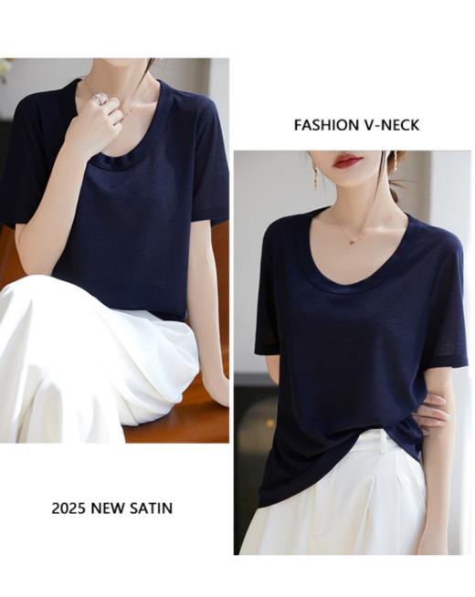 夏日懒人美学天花板！【MOMOTIABIN韩系慵懒感天丝U领短袖YYTMA84】版型慵懒又随性日常，一件轻松搞定出门不费脑穿搭 商品图4