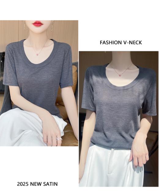 夏日懒人美学天花板！【MOMOTIABIN韩系慵懒感天丝U领短袖YYTMA84】版型慵懒又随性日常，一件轻松搞定出门不费脑穿搭 商品图3