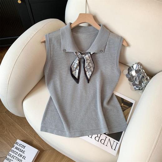 韩系POLO翻领针织衫女送丝巾冰丝2025夏季新款纽扣高级感宽松无袖上衣女 商品图6