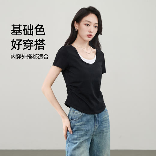 【假两件U领短袖T恤】逸阳夏新款正肩撞色修身显瘦打底衫5158 商品图9