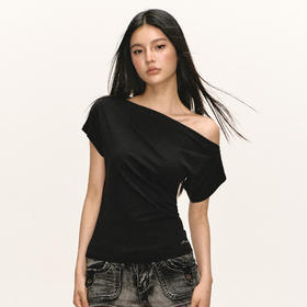 Ariseism 美式复古设计感斜肩短袖t恤女夏季新款露肩收腰修身上衣