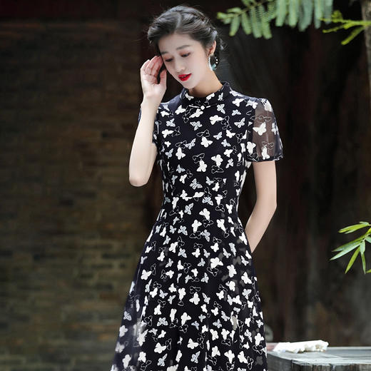 「自」全新升级【铂金会员211/天猫279/差价68】(13837)洛诗琳旗袍改良连衣裙2025夏季新款复古中国风雪纺印花裙 商品图0